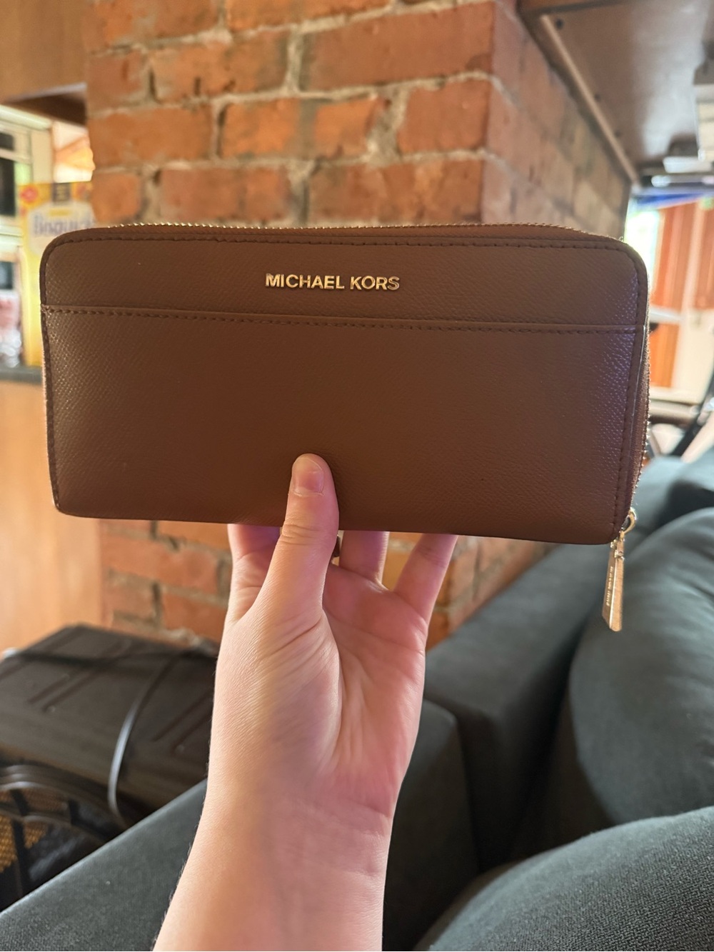 Michael Kors Chocolate Brown Zip-Around Wallet with Gold Hardware